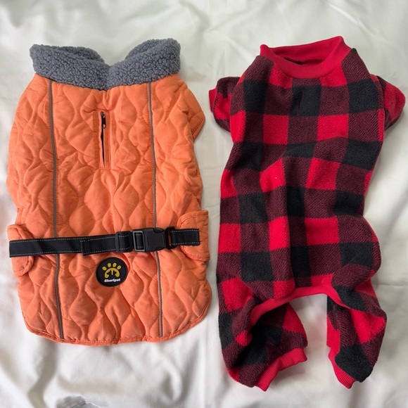 Orange Quilted Dog Coat and Red Plaid Dog Onesie - Picture 1 of 13